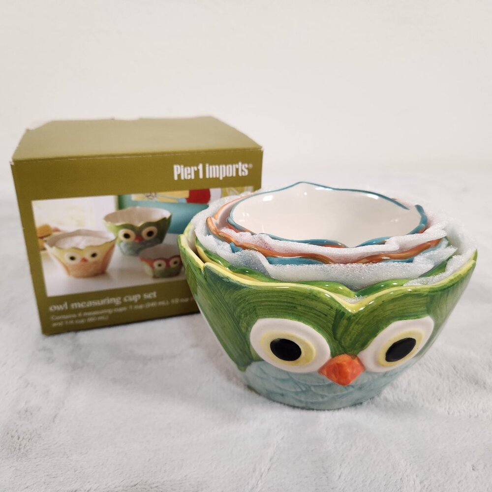 Pier 1 Imports Owl Nesting Measuring Cup Set 4 Cups Hand Painted Stoneware NEW